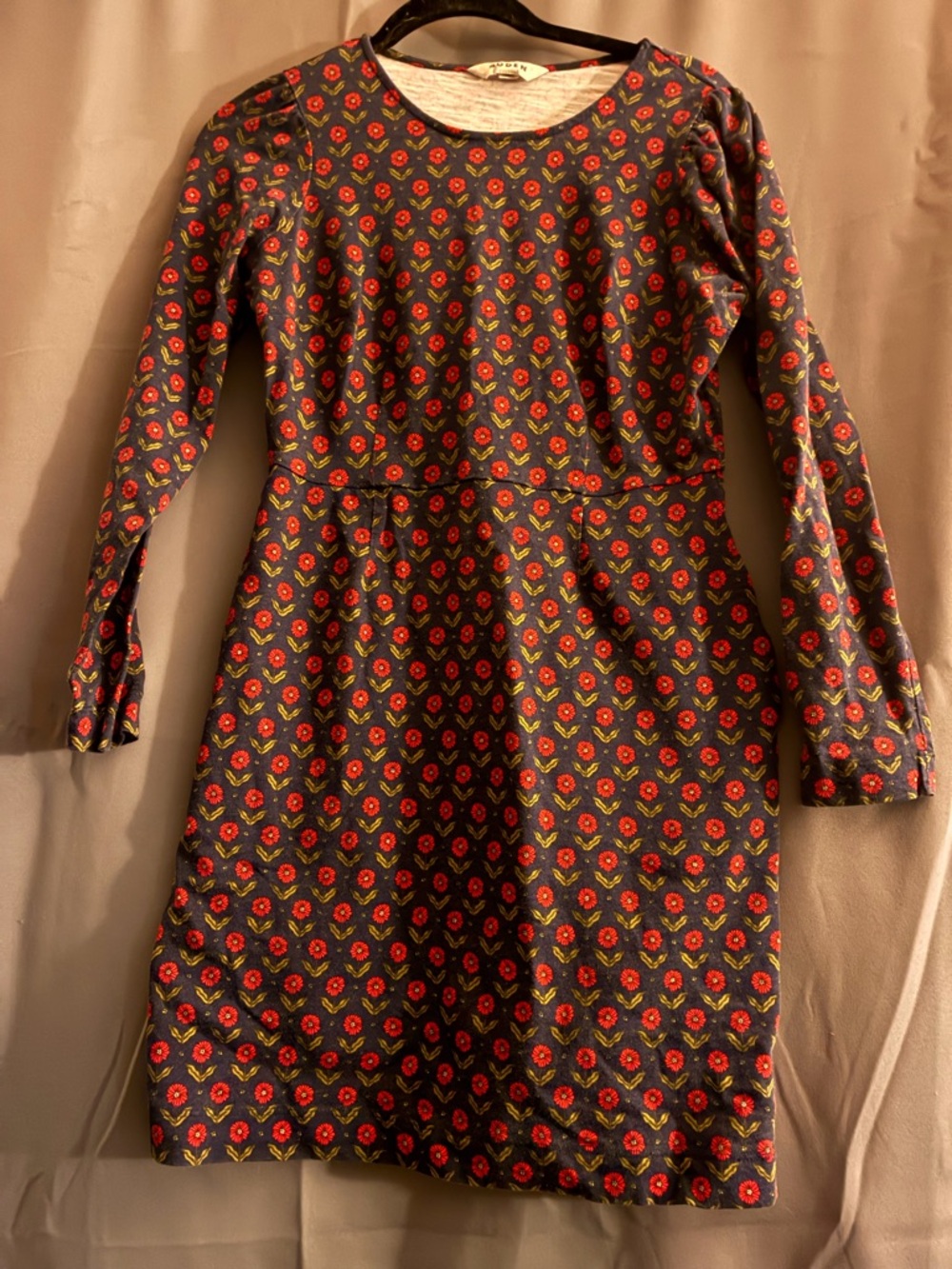 Boden Long-Sleeve A-Line Dress with Red Floral Motif